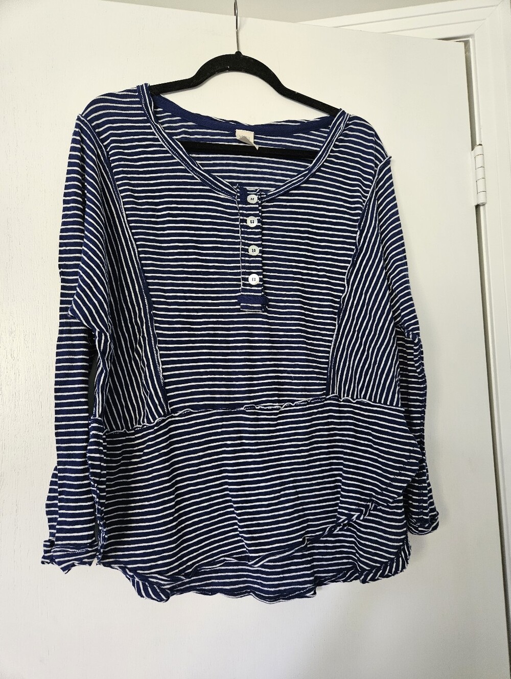 We The Free FP Blue White Striped Henley Top Long Sleeve Raw Hem XS